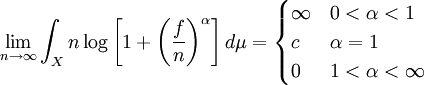 \lim_{n \to \infty} \int_X {n \log \left[ 1+\left( \frac{f}{n} \right)^\alpha \right]} \, d\mu=\begin{cases} \infty & 0<\alpha<1 \\ c & \alpha=1\\ 0 & 1<\alpha <\infty \end{cases}