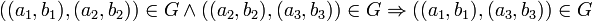 ((a_1,b_1),(a_2,b_2))\in G\and ((a_2,b_2),(a_3,b_3))\in G\Rightarrow ((a_1,b_1),(a_3,b_3))\in G