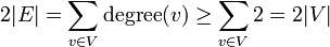 2|E|= \sum_{v\in V}\operatorname{degree}(v)\geq \sum_{v\in V}2 =2|V|