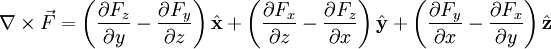 \nabla\times\vec F=\left(\frac{\partial F_z}{\partial y}-\frac{\partial F_y}{\partial z}\right)\hat\mathbf x+\left(\frac{\partial F_x}{\partial z}-\frac{\partial F_z}{\partial x}\right)\hat\mathbf y+\left(\frac{\partial F_y}{\partial x}-\frac{\partial F_x}{\partial y}\right)\hat\mathbf z