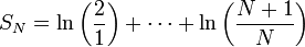 S_N=\ln\left(\frac{2}{1}\right)+\cdots+\ln\left(\frac{N+1}{N}\right)