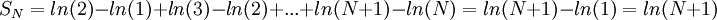 S_N=ln(2)-ln(1)+ln(3)-ln(2)+...+ln(N+1)-ln(N)=ln(N+1)-ln(1)=ln(N+1)