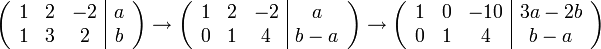 \left(\begin{array}{ccc|c}
1 & 2 & -2 & a\\
1 & 3 & 2 & b
\end{array}\right)\to\left(\begin{array}{ccc|c}
1 & 2 & -2 & a\\
0 & 1 & 4 & b-a
\end{array}\right)\to\left(\begin{array}{ccc|c}
1 & 0 & -10 & 3a-2b\\
0 & 1 & 4 & b-a
\end{array}\right)