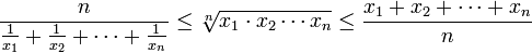 \frac{n}{\frac1{x_1}+\frac1{x_2}+\cdots+\frac1{x_n}}\le \sqrt[n]{x_1\cdot x_2\cdots x_n} \le \frac{x_1+x_2+\cdots+x_n}{n}