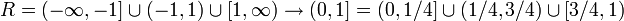 R=(-\infty,-1]\cup(-1,1)\cup[1,\infty)\rightarrow (0,1]=(0,1/4]\cup(1/4,3/4)\cup[3/4,1)