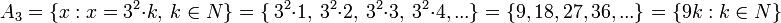 A_3=\{x:x=3^2\cdot k,\ k\in N\}=\{\ 3^2\cdot 1,\ 3^2\cdot 2,\ 3^2\cdot 3,\ 3^2\cdot 4,...\}=\{9,18,27,36,...\}=\{9k:k\in N\}