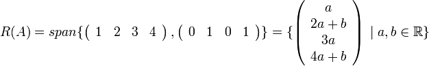 
R(A)=span\{
\left(\begin{array}{cccc}
1 & 2 & 3 & 4\end{array}\right),\left(\begin{array}{cccc}
0 & 1 & 0 & 1\end{array}\right)\}=\{\left(\begin{array}{c}
a\\
2a+b\\
3a\\
4a+b
\end{array}\right) \; | \; a,b\in \mathbb{R}\}
