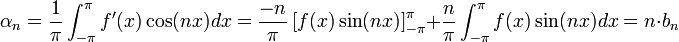 \alpha_n=\frac{1}{\pi} \int_{-\pi}^\pi f'(x)\cos(nx)dx = \frac{-n}{\pi}\left[f(x)\sin(nx)\right]_{-\pi}^\pi +\frac{n}{\pi}\int_{-\pi}^\pi f(x)\sin(nx)dx = n\cdot b_n