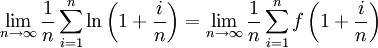 \lim_{n\to\infty}\frac1n \sum_{i=1}^n\ln\left(1+\frac in\right)=\lim_{n\to\infty}\frac1n \sum_{i=1}^n f\left(1+\frac in\right)