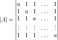 |A|=\begin{vmatrix}a&1&1&\dots&1\\1&a&1&\dots &1 \\ 1&1&a&\dots &1\\ \vdots & \vdots & \vdots & \dots & \vdots \\ 1&1&1& \dots & a\end{vmatrix}  