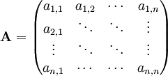 \mathbf A=\begin{pmatrix}a_{1,1}&a_{1,2}&\cdots&a_{1,n}\\a_{2,1}&\ddots&\ddots&\vdots\\\vdots&\ddots&\ddots&\vdots\\a_{n,1}&\cdots&\cdots&a_{n,n}\end{pmatrix}