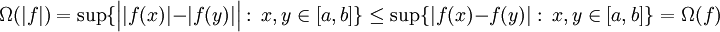 \Omega(|f|)=\sup\{\Big||f(x)|-|f(y)|\Big|:\ x,y\in[a,b]\}\le\sup\{|f(x)-f(y)|:\ x,y\in[a,b]\}=\Omega(f)