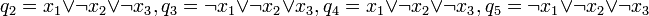 q_2= x_1 \lor \lnot x_2 \lor \lnot x_3, q_3=\lnot x_1\lor \lnot x_2 \lor x_3, q_4=x_1 \lor \lnot x_2 \lor \lnot x_3, q_5= \lnot x_1 \lor \lnot x_2 \lor \lnot x_3