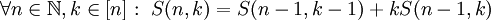 \forall n\in\mathbb N,k\in[n]:\ S(n,k)=S(n-1,k-1)+k S(n-1,k)