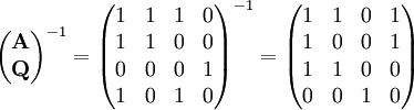 \begin{pmatrix}\mathbf A\\\mathbf Q\end{pmatrix}^{-1}=\begin{pmatrix}1&1&1&0\\1&1&0&0\\0&0&0&1\\1&0&1&0\end{pmatrix}^{-1}=\begin{pmatrix}1&1&0&1\\1&0&0&1\\1&1&0&0\\0&0&1&0\end{pmatrix}