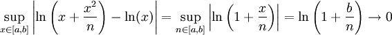 \sup_{x\in[a,b]}\left|\ln\left(x+\frac{x^2}n\right)-\ln(x)\right|=\sup_{n\in[a,b]}\left|\ln\left(1+\frac xn\right)\right|=\ln\left(1+\frac bn\right)\to0