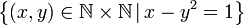 \left\{ \left(x,y\right)\in\mathbb{N\times N}\,|\,x-y^2=1\right\} 