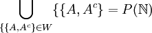 \bigcup_{\{\{A,A^c\}\in W}\{\{A,A^c\}=P(\mathbb{N})