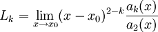 L_k=\lim_{x\to x_0}(x-x_0)^{2-k}\frac{a_k(x)}{a_2(x)}