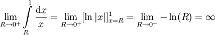 \lim_{R\to0^+}\int\limits_R^1\frac{\mathrm dx}x=\lim_{R\to0^+}[\ln|x|]_{x=R}^1=\lim_{R\to0^+}-\ln(R)=\infty