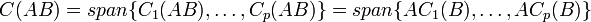 C(AB)=span \{C_1(AB),\dots , C_p(AB)\}=span\{AC_{1}(B),\dots,AC_{p}(B)\}