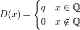 D(x)=\begin{cases}q&x\in\mathbb Q\\0&x\not\in\mathbb Q\end{cases}