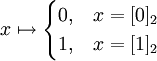 x\mapsto\begin{cases}0,&x=[0]_2\\1,&x=[1]_2\end{cases}