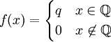 f(x)=\begin{cases}q\quad x\in\mathbb Q\\0\quad x\not\in\mathbb Q\end{cases}