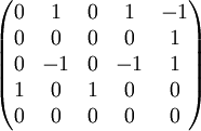 \begin{pmatrix}
0 & 1 & 0 & 1 & -1 \\
0 & 0 & 0 & 0 & 1 \\
0 & -1 & 0 & -1 & 1 \\
1 & 0 & 1 & 0 & 0 \\
0 & 0 & 0 & 0 & 0 \\

\end{pmatrix}