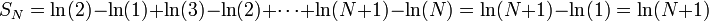 S_N=\ln(2)-\ln(1)+\ln(3)-\ln(2)+\cdots+\ln(N+1)-\ln(N)=\ln(N+1)-\ln(1)=\ln(N+1)