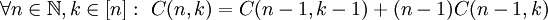 \forall n\in\mathbb N,k\in[n]:\ C(n,k)=C(n-1,k-1)+(n-1)C(n-1,k)