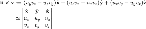 \begin{align}\mathbf u\times\mathbf v&:=(u_yv_z-u_zv_y)\hat\mathbf x+(u_zv_x-u_xv_z)\hat\mathbf y+(u_xv_y-u_yv_x)\hat\mathbf z\\&\simeq\begin{vmatrix}\hat\mathbf x&\hat\mathbf y&\hat\mathbf z\\u_x&u_y&u_z\\v_x&v_y&v_z\end{vmatrix}\end{align}