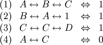 \begin{array}{llcl}
(1)&A\leftrightarrow B\leftrightarrow C&\Leftrightarrow&1\\
(2)&B\leftrightarrow A\leftrightarrow1&\Leftrightarrow&1\\
(3)&C\leftrightarrow C\leftrightarrow D&\Leftrightarrow&1\\
(4)&A\leftrightarrow C&\Leftrightarrow&0\end{array}