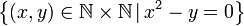 \left\{ \left(x,y\right)\in\mathbb{N\times N}\,|\,x^2-y=0\right\} 