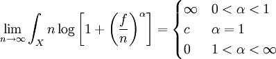 \lim_{n \to \infty} \int_X {n \log \left[ 1+\left( \frac{f}{n} \right)^\alpha \right]}=\begin{cases} \infty & 0<\alpha<1 \\ c & \alpha=1\\ 0 & 1<\alpha <\infty \end{cases}